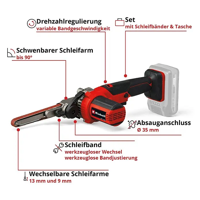 Einhell Power X-Change 18V Akku-Bandfeile TE-BF 18 Li-Solo - 18 V, Ohne Akku, Bandgeschwindigkeit: 250 m/min - 1.700 m/min - Akku-Bandschleifer von Einhell mit einstellbarer Drehzahl, schwenkbarem Schleifarm und Absauganschluss für effizientes Schleifen.