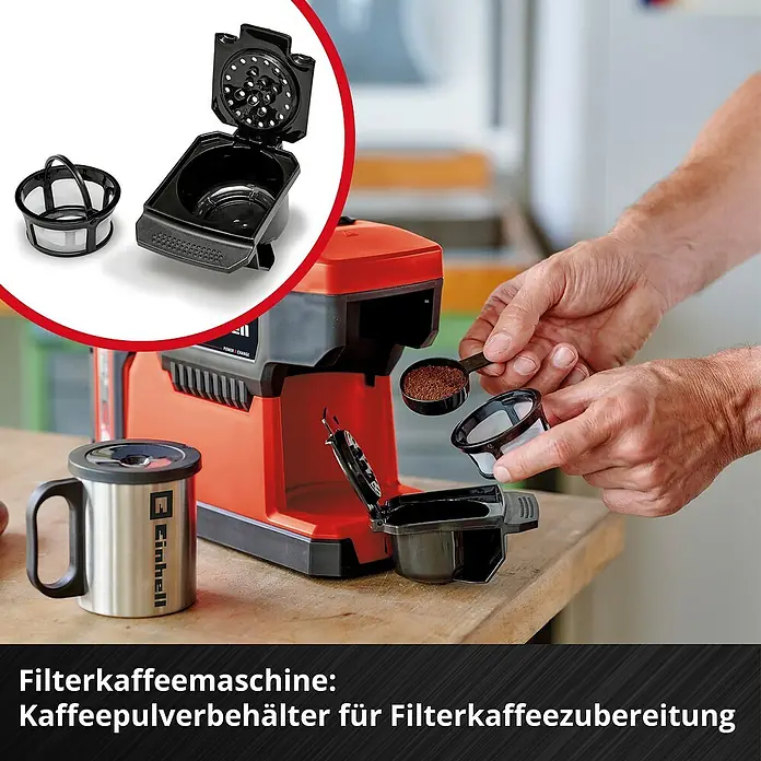 Einhell Power X-Change 18V Akku-Kaffeemaschine TE-CF 18 Li-Solo - 18 V, Ohne Akku - Filterkaffeemaschine mit Kaffeebehälter zur Filterkaffeezubereitung.