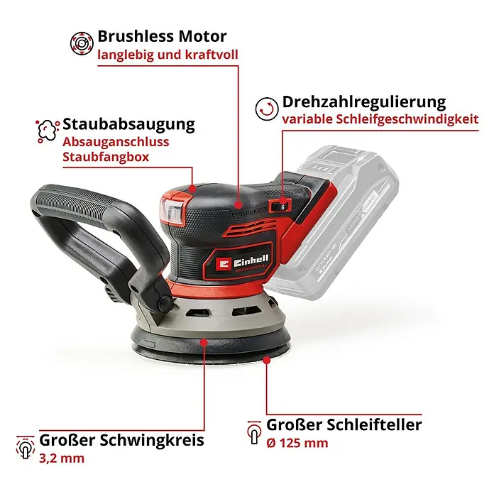 Einhell Power X-Change 18V Akku-Exzenterschleifer TP-RS 18/32 Li BL-Solo - 18 V, Ohne Akku, 125 mm - Abbildung eines Einhell Exzenterschleifers mit Staubabsaugung, variabler Schleifgeschwindigkeit und bürstenlosem Motor.