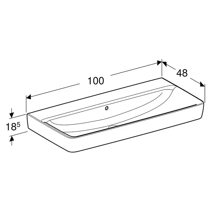 Geberit Renova Plan Waschtisch - 100 x 48 cm, Ohne Spezialglasur, Hahnloch: Ohne, Mit Überlauf, Weiß - Weißes Keramik-Waschbecken mit rechteckigem Design und Maßen.