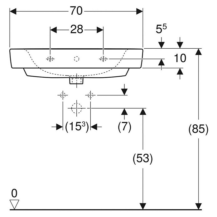 Geberit Renova Plan Waschtisch (70 x 48 cm, Mit schmutzabweisender Glasur, Hahnloch: Mitte, Mit Überlauf, Weiß) | BAUHAUS