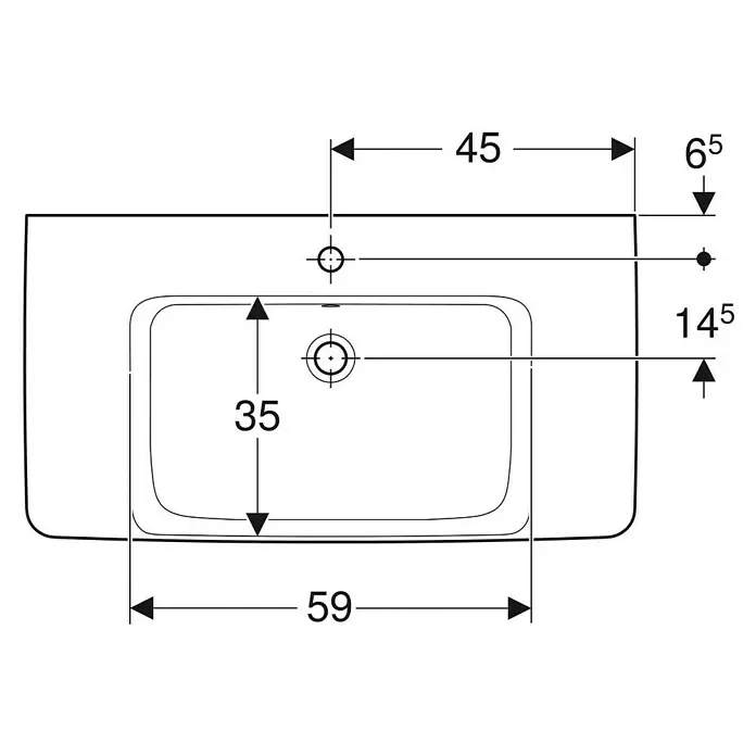 Geberit Renova Plan Aufsatzwaschbecken - 90 x 48 cm, Ohne Spezialglasur, Hahnloch: Mitte, Mit Überlauf, Weiß, Mit Ablagefläche - Technische Zeichnung eines rechteckigen Waschbeckens mit Innenmaßen und Armaturenlochpositionen.