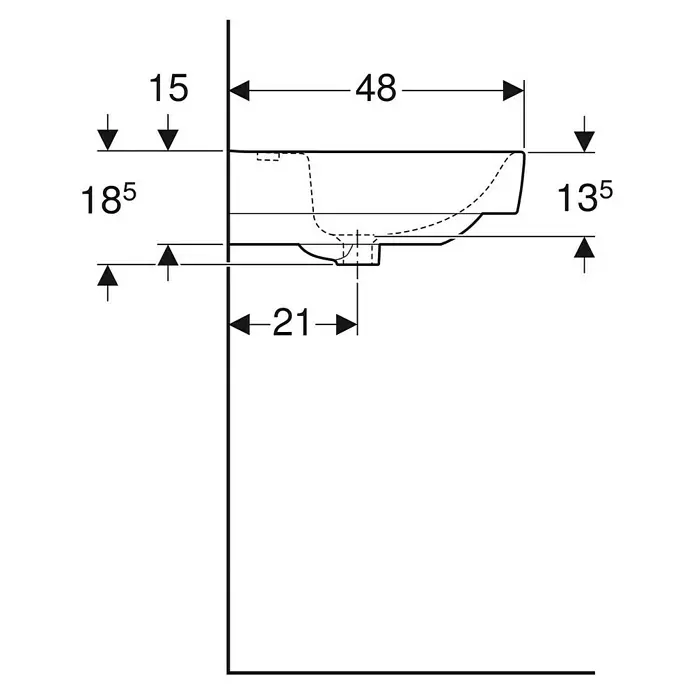 Geberit Renova Plan Waschtisch - 90 x 48 cm, Ohne Spezialglasur, Hahnloch: Mitte, Ohne Überlauf, Weiß - Technische Seitenansicht eines Waschbeckens mit wichtigen Installationsmaßen wie Tiefe und Höhe.