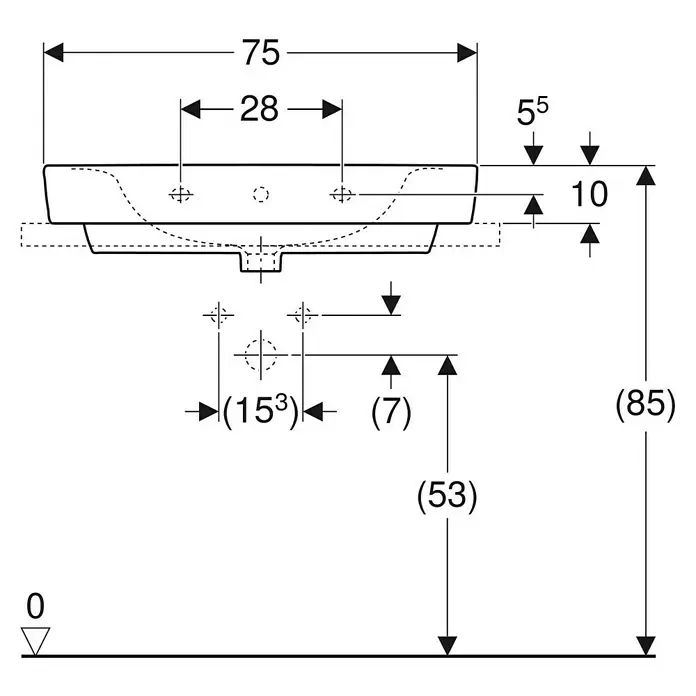 Geberit Renova Plan Aufsatzwaschbecken - 75 x 48 cm, Ohne Spezialglasur, Hahnloch: Mitte, Mit Überlauf, Weiß - Bemaßte technische Zeichnung eines Waschbeckens mit Angaben zu Breite, Höhe und Bohrpunkten für die Montage.