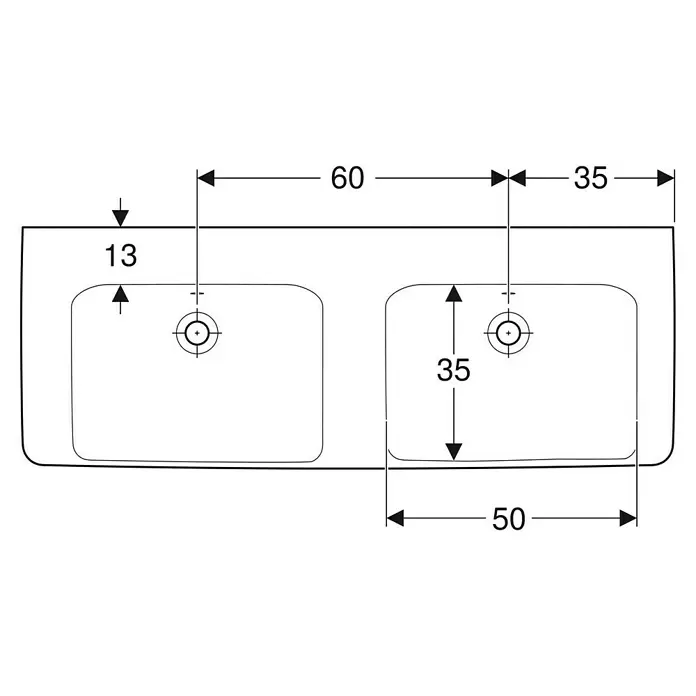 Geberit Renova Plan Doppelwaschtisch - 130 x 48 cm, Ohne Spezialglasur, Ohne Hahnloch/Mit Überlauf, Weiß - Technische Zeichnung eines Doppelwaschbeckens in Draufsicht mit Maßen für Becken und Ablauflöcher.