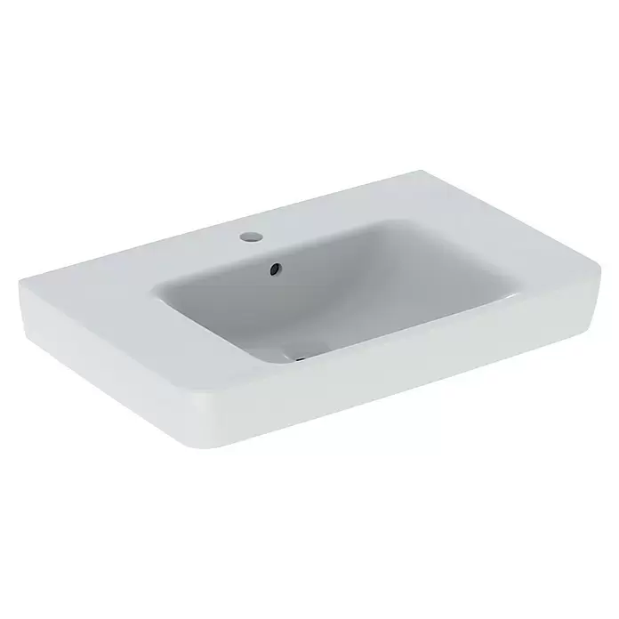 Geberit Renova Plan Waschtisch - 75 x 48 cm, Ohne Spezialglasur, Mit Hahnloch/Mit Überlauf, Weiß - Weißes rechteckiges Keramikwaschbecken mit Hahnloch, Überlauf und Abfluss.
