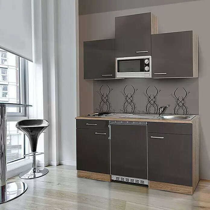 Respekta Cocina compacta Luis - Ancho: 150 cm, Gris, Placa de cocción doble, frigorífico y microondas, Microondas, Color de la encimera: Roble - Cocina compacta gris oscuro con elementos de madera clara, microondas, placa, fregadero y mininevera integrados para pisos pequeños.