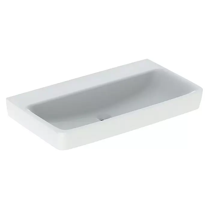 Geberit Renova Plan Waschtisch - 85 x 48 cm, Mit schmutzabweisender Glasur, Hahnloch: Ohne, Ohne Überlauf, Weiß - Weißes, rechteckiges Keramikwaschbecken mit Abflussloch.