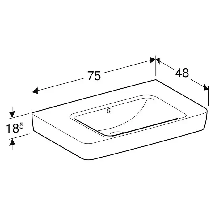 Geberit Renova Plan Waschtisch - 75 x 48 cm, Mit schmutzabweisender Glasur, Ohne Hahnloch/Mit Überlauf, Weiß - Weißes, rechteckiges Waschbecken mit den Maßen 75x48x185.