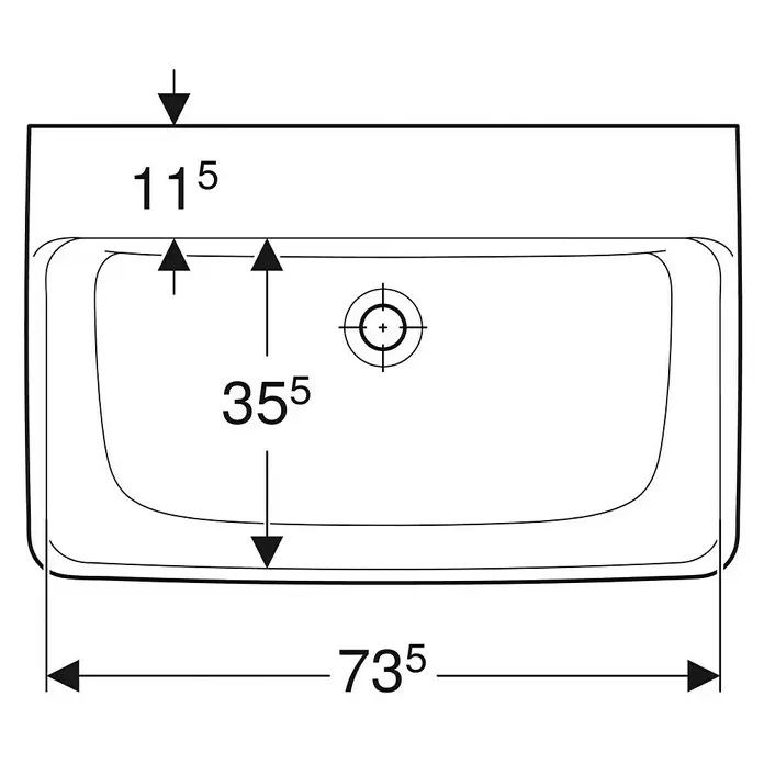 Geberit Renova Plan Waschtisch - 75 x 48 cm, Mit schmutzabweisender Glasur, Hahnloch: Ohne, Ohne Überlauf, Weiß - Technische Draufsicht eines rechteckigen Waschbeckens mit abgerundeten Ecken, Hahnloch und Maßen (735, 355, 115).