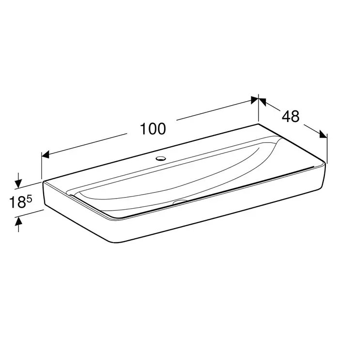 Geberit Renova Plan Waschtisch - 100 x 48 cm, Mit schmutzabweisender Glasur, Hahnloch: Mitte, Ohne Überlauf, Weiß - Strichzeichnung eines rechteckigen Waschbeckens, 100x48x18,5 cm, mit integriertem Becken und einem Hahnloch.