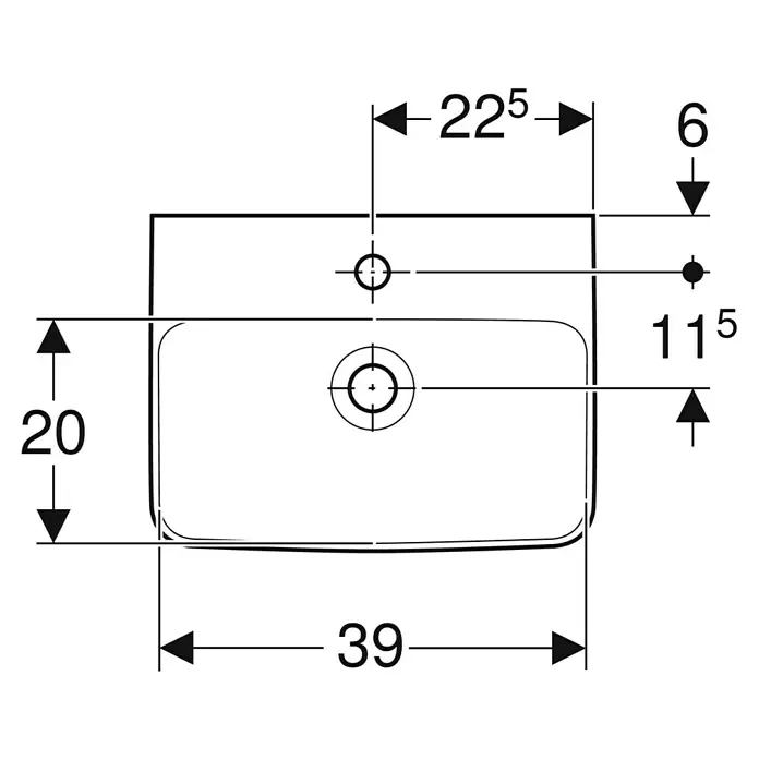 Geberit Renova Plan Aufsatzwaschbecken - 45 x 34 cm, Mit schmutzabweisender Glasur, Hahnloch: Mitte, Mit Überlauf, Weiß - Technische Zeichnung mit Draufsicht und Hauptabmessungen eines rechteckigen Waschbeckens.