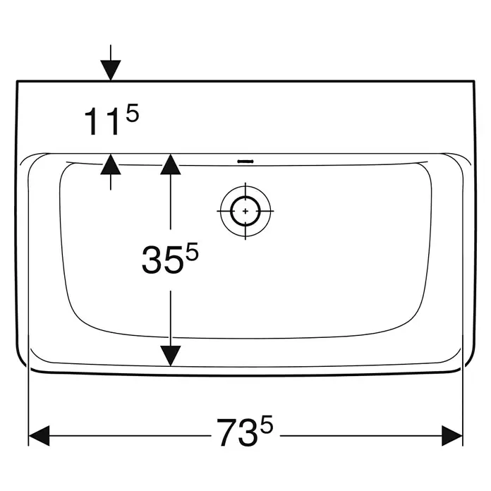 Geberit Renova Plan Waschtisch - 75 x 48 cm, Ohne Spezialglasur, Hahnloch: Ohne, Mit Überlauf, Weiß - Technische Zeichnung von oben eines rechteckigen Waschtisches mit Abfluss und Überlauf, mit Maßen.