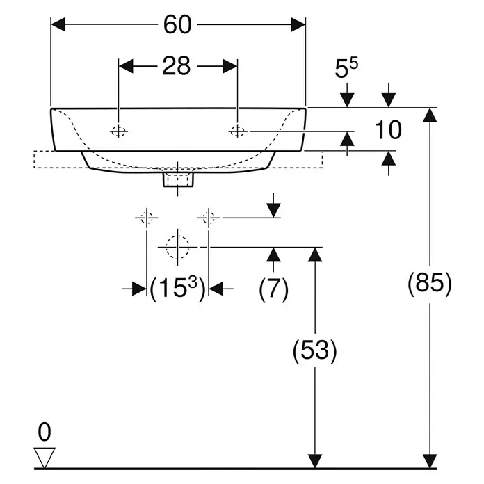 Geberit Renova Plan Aufsatzwaschbecken - 60 x 48 cm, Mit schmutzabweisender Glasur, Hahnloch: Ohne, Ohne Überlauf, Weiß - Technische Zeichnung eines Waschbeckens mit Installationsmaßen.