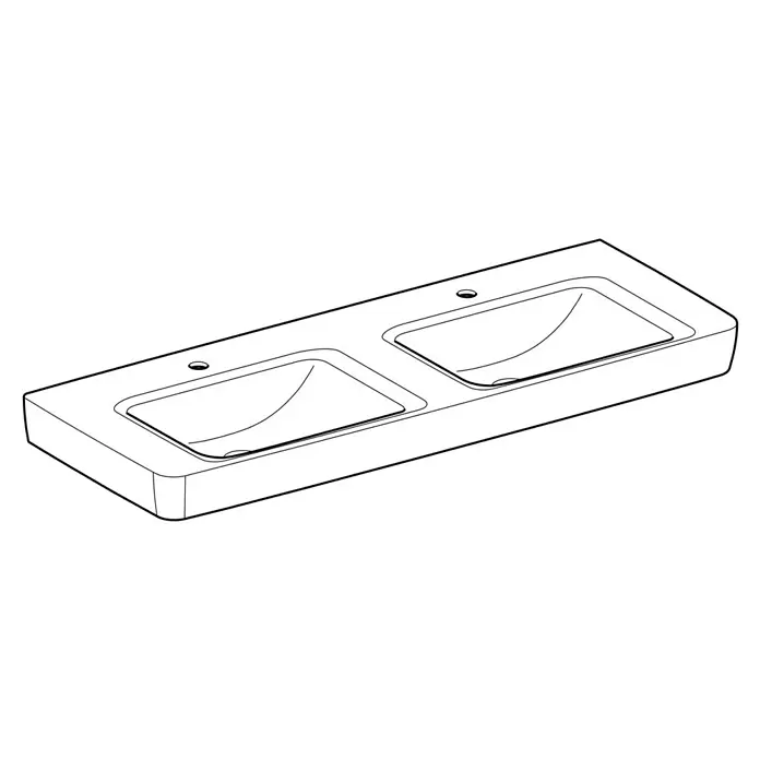 Geberit Renova Plan Doppelwaschtisch - 130 x 48 cm, Mit schmutzabweisender Glasur, Mit Hahnloch/Ohne Überlauf, Weiß - Doppelter Badwaschtisch mit zwei integrierten rechteckigen Becken und zwei Hahnlöchern.