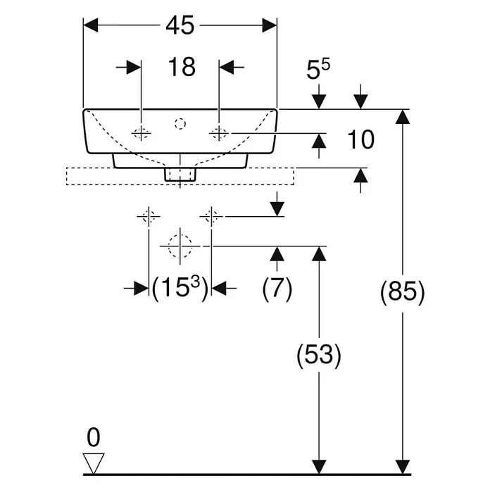 Geberit Renova Plan Aufsatzwaschbecken - 45 x 34 cm, Mit schmutzabweisender Glasur, Hahnloch: Mitte, Mit Überlauf, Weiß - Technische Zeichnung mit Maßen für die Installation eines Wand- oder Aufsatzwaschbeckens.