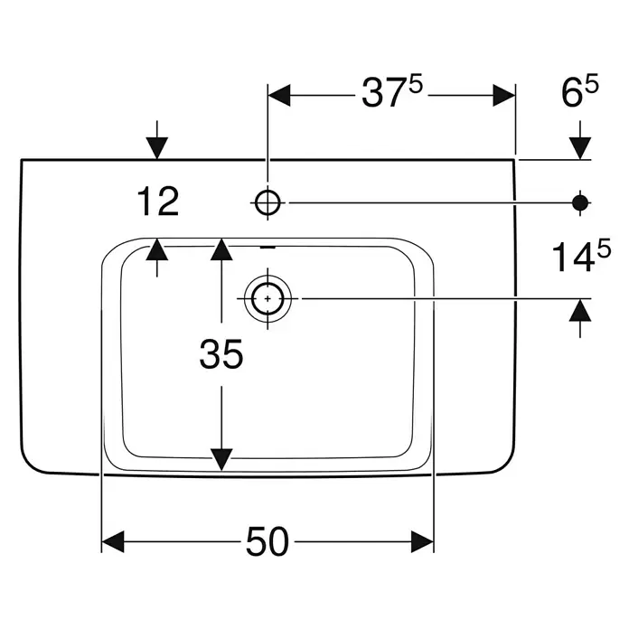 Geberit Renova Plan Waschtisch - 75 x 48 cm, Ohne Spezialglasur, Mit Hahnloch/Mit Überlauf, Weiß - Bemaßte technische Zeichnung eines rechteckigen Waschtisches von oben, mit Armatur- und Abflussplatzierung.