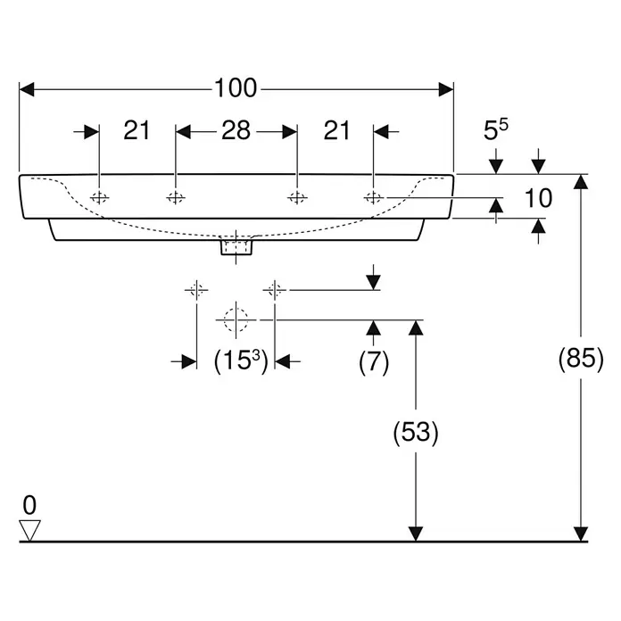 Geberit Renova Plan Waschtisch - 100 x 48 cm, Mit schmutzabweisender Glasur, Hahnloch: Ohne, Ohne Überlauf, Weiß - Technisches Maßblatt eines Waschbeckens mit Einbaumaßen.