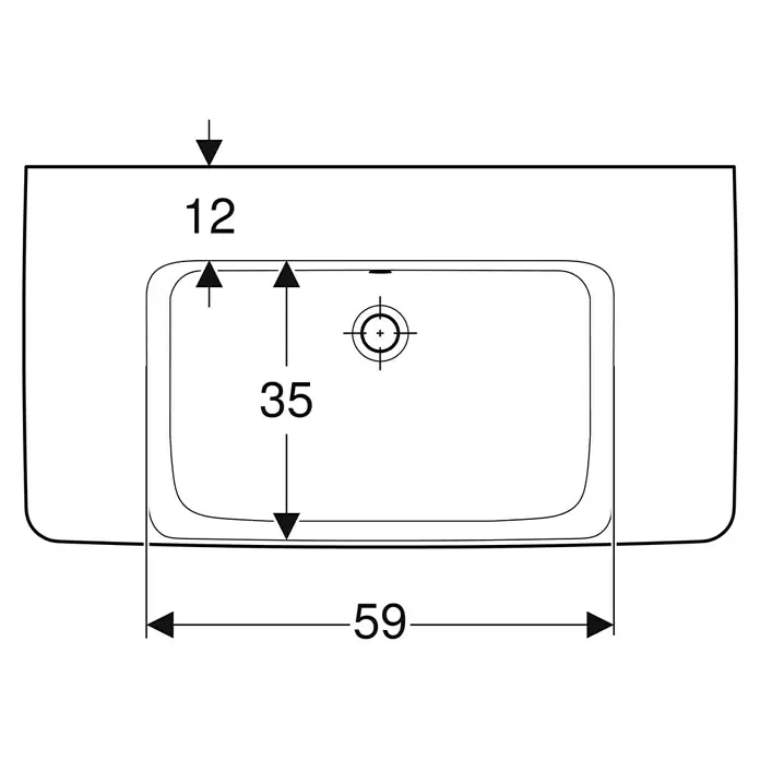 Geberit Renova Plan Waschtisch - 90 x 48 cm, Mit schmutzabweisender Glasur, Hahnloch: Ohne, Mit Überlauf, Weiß - Technische Zeichnung eines weißen rechteckigen Keramikwaschbeckens mit Maßen 59, 35 und 12, zeigt ein Hahnloch.