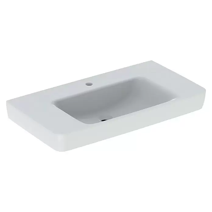 Geberit Renova Plan Waschtisch - 90 x 48 cm, Ohne Spezialglasur, Hahnloch: Mitte, Ohne Überlauf, Weiß - Weißes Keramik-Waschbecken mit integriertem rechteckigem Becken und Hahnloch.