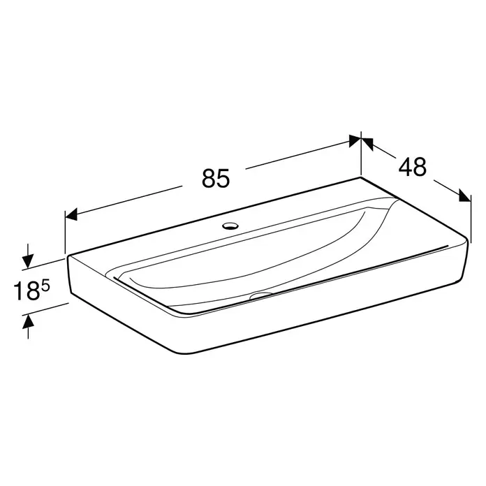 Geberit Renova Plan Waschtisch - 85 x 48 cm, Ohne Spezialglasur, Hahnloch: Mitte, Ohne Überlauf, Weiß - Weißes Keramik-Waschbecken mit Hahnloch, Maße 85x48x18,5 cm.