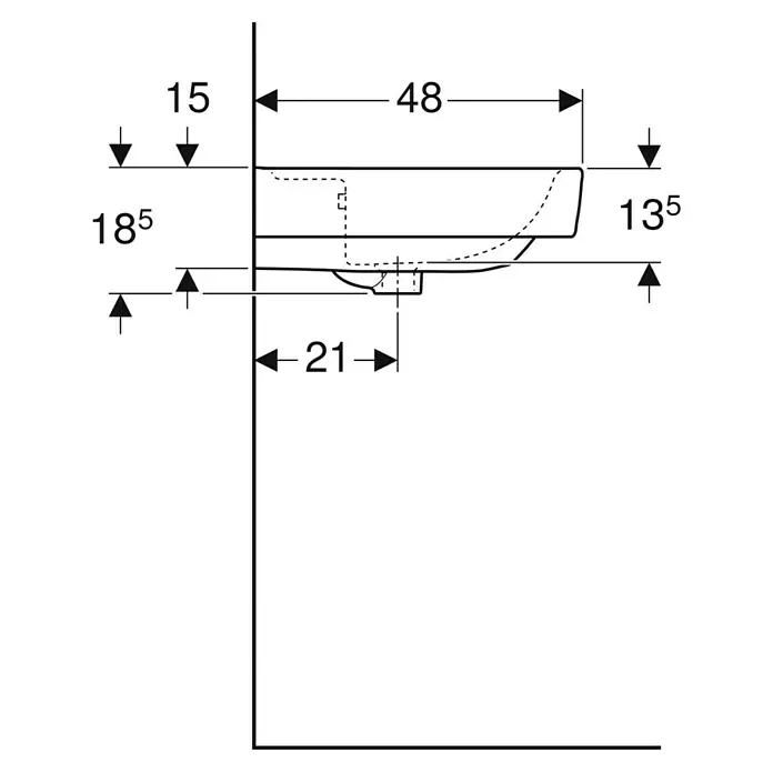 Geberit Renova Plan Waschtisch - 70 x 48 cm, Mit schmutzabweisender Glasur, Hahnloch: Ohne, Mit Überlauf, Weiß - Technische Seitenansicht eines wandmontierten Waschbeckens mit Maßangaben zur Installation.