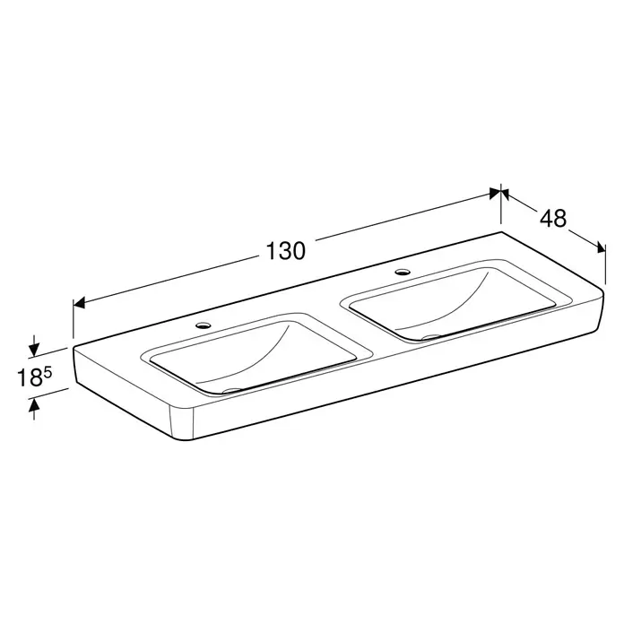 Geberit Renova Plan Doppelwaschtisch - 130 x 48 cm, Mit schmutzabweisender Glasur, Mit Hahnloch/Ohne Überlauf, Weiß - Weißes rechteckiges Doppelwaschbecken mit zwei integrierten Becken, mit Maßen dargestellt.