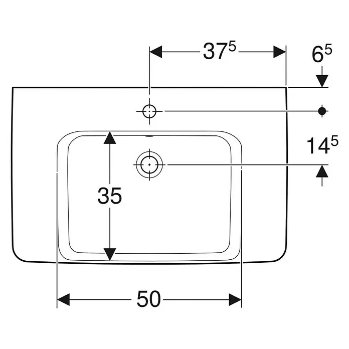 Geberit Renova Plan Aufsatzwaschbecken - 75 x 48 cm, Ohne Spezialglasur, Hahnloch: Mitte, Mit Überlauf, Weiß, Mit Ablagefläche - Technische Draufsicht eines rechteckigen Waschbeckens mit Maßen für Armatur und Abfluss.