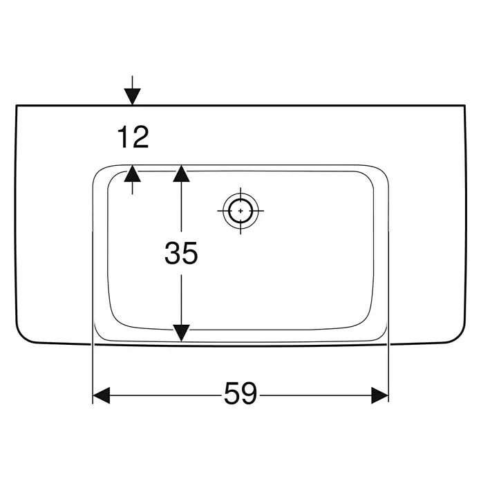 Geberit Renova Plan Waschtisch - 90 x 48 cm, Mit schmutzabweisender Glasur, Hahnloch: Ohne, Ohne Überlauf, Weiß - Technische Zeichnung eines rechteckigen Waschbeckens, Draufsicht. Maße: 59 Gesamtbreite, 35 Innenlänge, 12 Randtiefe.