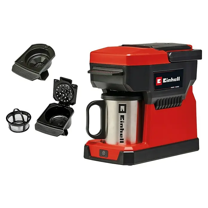 Einhell Power X-Change 18V Akku-Kaffeemaschine TE-CF 18 Li-Solo - 18 V, Ohne Akku - Abbildung einer roten Einhell Akku-Kaffeemaschine, die mit einem Edelstahlbecher und herausnehmbaren Teilen geliefert wird.