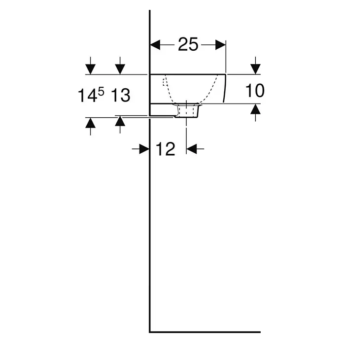 Geberit Renova Plan Waschbecken - 36 x 25 cm, Ohne Spezialglasur, Hahnloch: Rechts, Mit Überlauf, Weiß - Waschbecken-Montageplan mit Maßangaben. Die Skizze zeigt die Installationsdetails des Waschbeckens für Installateure und Heimwerker.