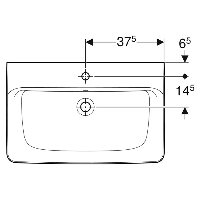 Geberit Renova Plan Aufsatzwaschbecken - 75 x 48 cm, Ohne Spezialglasur, Hahnloch: Mitte, Mit Überlauf, Weiß - Technische Draufsicht auf ein weißes Waschbecken, mit Positionen für Wasserhahn- und Abflusslöcher samt Einbaumaßen.