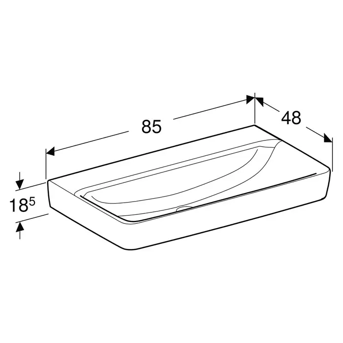 Geberit Renova Plan Waschtisch - 85 x 48 cm, Mit schmutzabweisender Glasur, Hahnloch: Ohne, Ohne Überlauf, Weiß - Technische Zeichnung eines rechteckigen Waschbeckens mit den Maßen 85x48x18.5 cm.