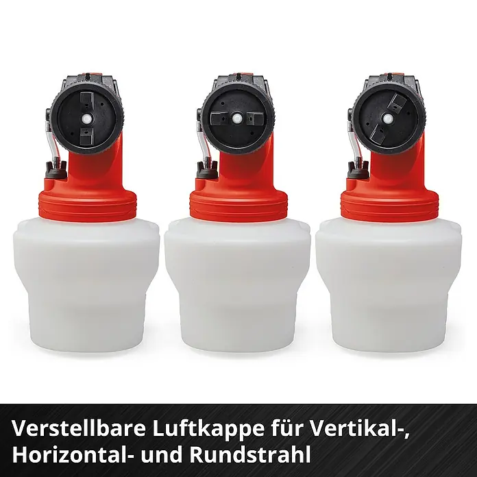 Einhell Power X-Change 18V Akku-Farbsprühsystem Akku-Farbsprühsystem TE-SY 18/90 Li-Solo - 18 V, Ohne Akku - Drei Farbsprühgeräte mit rotem Oberteil und weißem Behälter. Verstellbare Luftkappe für vertikale, horizontale und runde Sprühstrahlen.