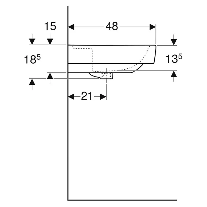 Geberit Renova Plan Waschtisch - 100 x 48 cm, Mit schmutzabweisender Glasur, Hahnloch: Ohne, Ohne Überlauf, Weiß - Technisches Diagramm eines wandmontierten Waschbeckens mit Seitenprofil und wichtigen Maßen.