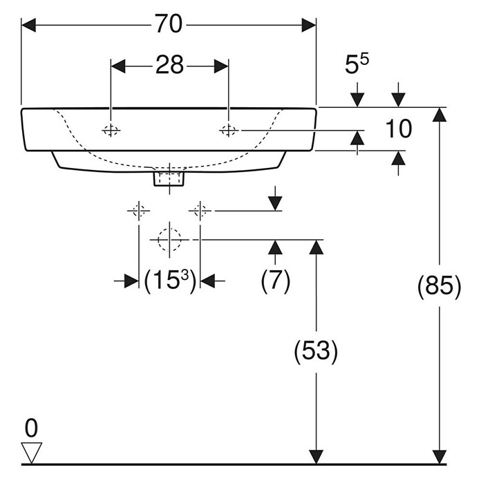 Geberit Renova Plan Waschtisch (70 x 48 cm, Mit schmutzabweisender Glasur, Hahnloch: Mitte, Ohne Überlauf, Weiß) | BAUHAUS