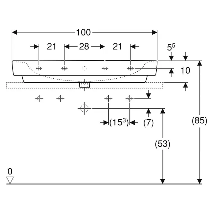 Geberit Renova Plan Doppelwaschtisch - 100 x 48 cm, Ohne Spezialglasur, Hahnloch: Mitte, Mit Überlauf, Weiß - Bemaßte technische Zeichnung eines Waschbeckens mit Installationsdetails.