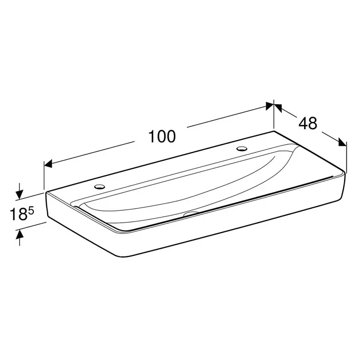 Geberit Renova Plan Doppelwaschtisch - 100 x 48 cm, Ohne Spezialglasur, Hahnloch: Mitte, Mit Überlauf, Weiß - Weißes rechteckiges Keramik-Waschbecken mit zwei Hahnlöchern, Maße 100x48x18,5 cm.