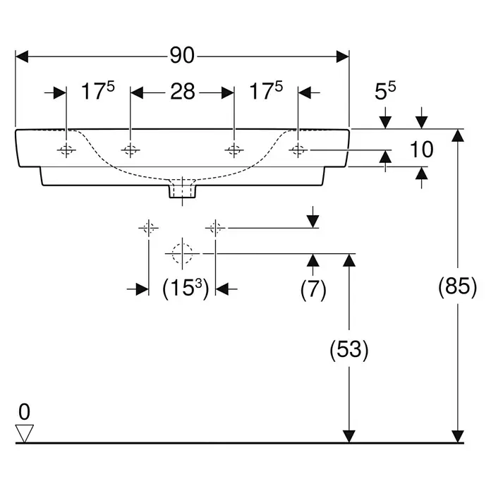 Geberit Renova Plan Waschtisch - 90 x 48 cm, Ohne Spezialglasur, Hahnloch: Mitte, Ohne Überlauf, Weiß - Technische Zeichnung mit Maßen und Installationsdetails eines Waschtisches.