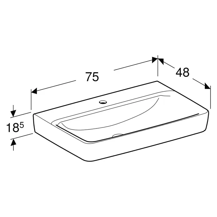 Geberit Renova Plan Waschtisch - 75 x 48 cm, Ohne Spezialglasur, Hahnloch: Mitte, Ohne Überlauf, Weiß - Technische Zeichnung eines rechteckigen Waschtischs mit den Maßen 75, 48 und 185.