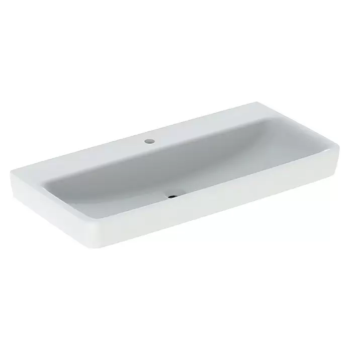 Geberit Renova Plan Waschtisch - 100 x 48 cm, Mit schmutzabweisender Glasur, Hahnloch: Mitte, Ohne Überlauf, Weiß - Weißes rechteckiges Keramikwaschbecken mit einem Hahnloch und Überlauf.