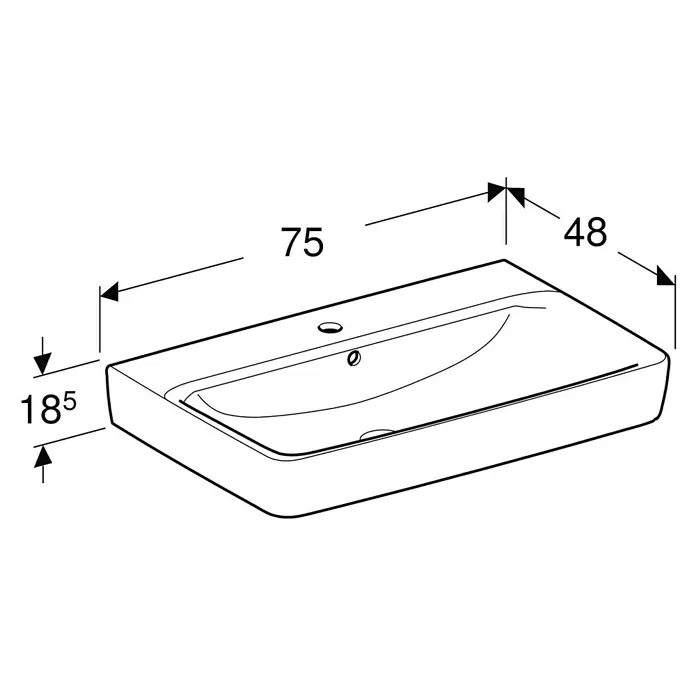 Geberit Renova Plan Waschtisch - 75 x 48 cm, Mit schmutzabweisender Glasur, Hahnloch: Mitte, Mit Überlauf, Weiß - Technische Zeichnung eines rechteckigen weißen Keramikwaschbeckens mit Maßen 75, 48 und 185.