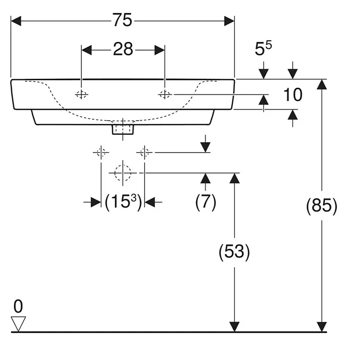 Geberit Renova Plan Waschtisch - 75 x 48 cm, Ohne Spezialglasur, Hahnloch: Mitte, Ohne Überlauf, Weiß - Technische Zeichnung eines Waschbeckens mit Vorderansichtsmaßen, die Gesamtbreite, Beckenbreite und Höhenmaße anzeigen.