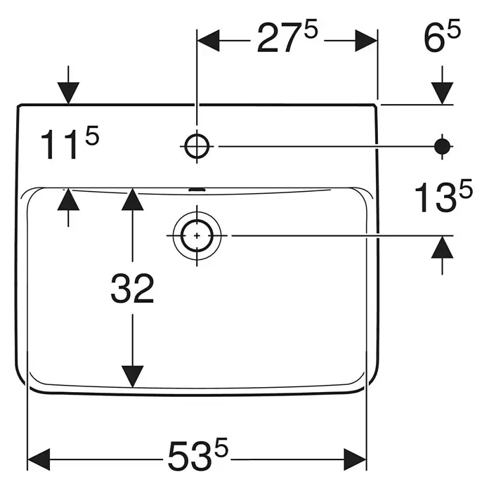 Geberit Renova Plan Waschtisch - 55 x 44 cm, Ohne Spezialglasur, Hahnloch: Mitte, Mit Überlauf, Weiß - Technische Draufsicht eines rechteckigen Waschbeckens mit Maßen und Positionen für Armatur und Ablauf.