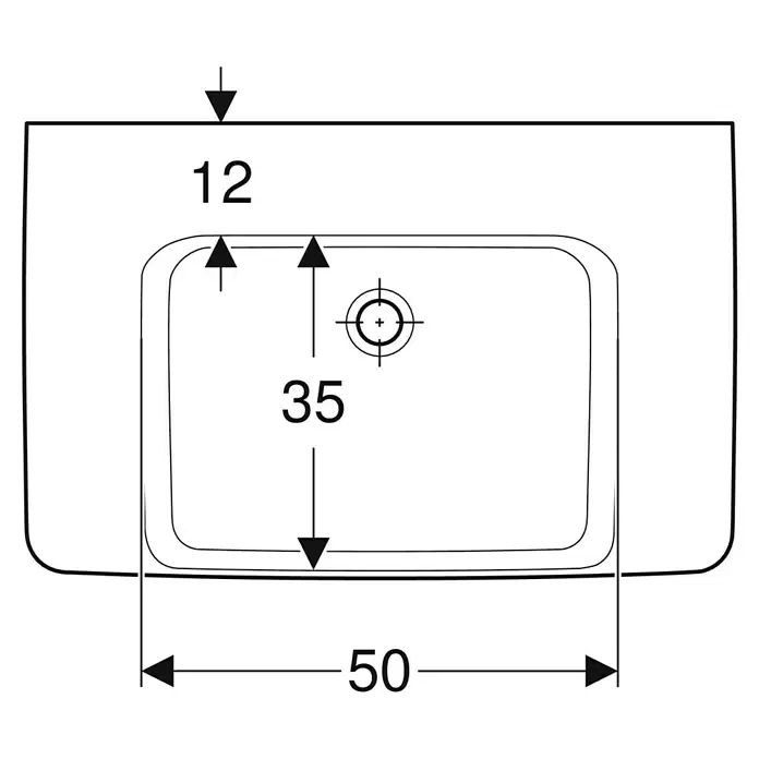 Geberit Renova Plan Waschtisch - 75 x 48 cm, Ohne Spezialglasur, Ohne Hahnloch/Ohne Überlauf, Weiß - Technische Zeichnung, Draufsicht, eines rechteckigen Waschbeckens mit Maßen: 50 Gesamtbreite, 35 Beckenlänge, 12 Abstand von Oberkante.