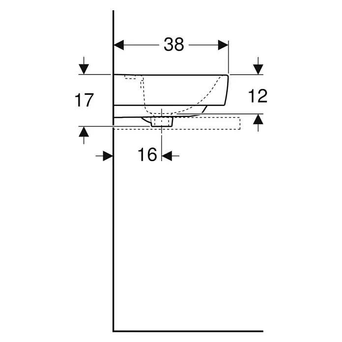 Geberit Renova Plan Aufsatzwaschbecken - 50 x 38 cm, Ohne Spezialglasur, Hahnloch: Mitte, Mit Überlauf, Weiß - Technisches Datenblatt eines Waschbeckens mit Seitenansicht und wichtigen Einbaumaßen.