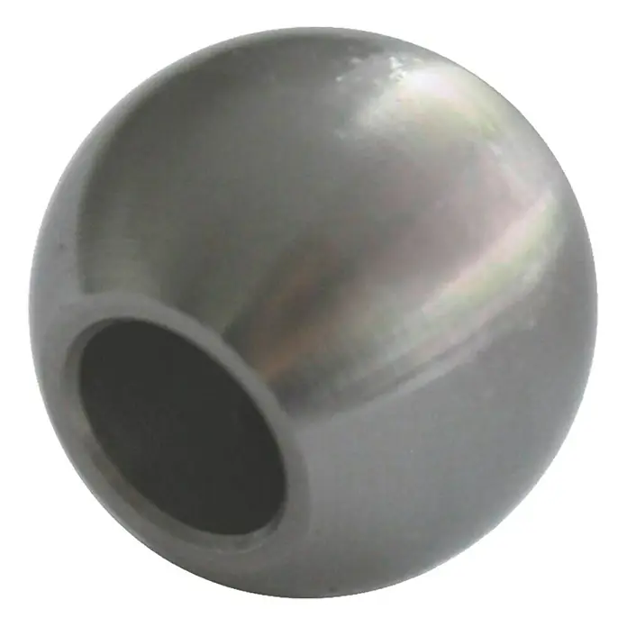 Treba Frewa Endkugel E20 - Edelstahl V2A, Durchmesser: 20 mm, 2 Stk. - Nahaufnahme einer hohlen Metallkugel, die ein glänzendes Aussehen und ein Loch auf einer Seite aufweist, ideal für Schmuckherstellung oder industrielle Anwendungen.