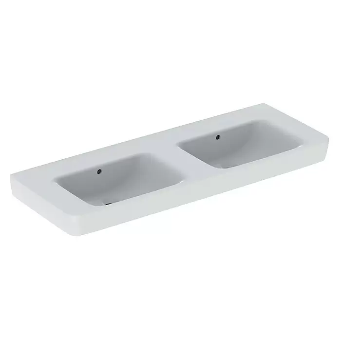 Geberit Renova Plan Doppelwaschtisch - 130 x 48 cm, Ohne Spezialglasur, Ohne Hahnloch/Mit Überlauf, Weiß - Weißes Doppelwaschbecken aus Keramik mit zwei integrierten Becken und Ablauflöchern.