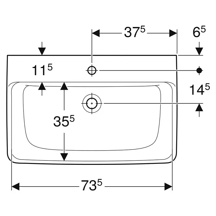 Geberit Renova Plan Waschtisch - 75 x 48 cm, Ohne Spezialglasur, Hahnloch: Mitte, Ohne Überlauf, Weiß - Draufsicht eines Waschbeckens mit detaillierten Maßen.