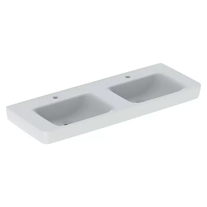 Geberit Renova Plan Doppelwaschtisch - 130 x 48 cm, Mit schmutzabweisender Glasur, Mit Hahnloch/Ohne Überlauf, Weiß - Weißes Doppelwaschbecken aus Keramik für das Badezimmer mit zwei Hahnlöchern.